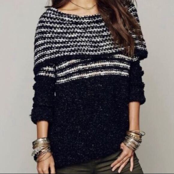 Free People Off Shoulder Striped Chunky Knit Sweater Black White S - Picture 6 of 6